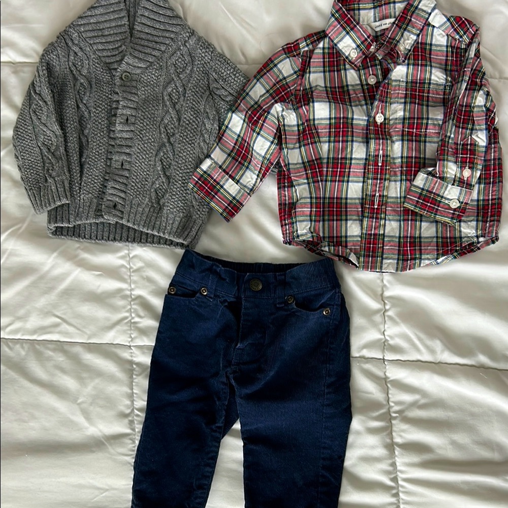 Janie and Jack Baby Boy Christmas Outfit Plaid Cable Knit corduroy 3-6 months